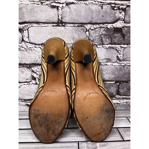 Marcello Toshi Gold Brown Stripe Fabric Peep Toe 5” High Heels Women Sz 6M US/37 - Picture 16 of 16